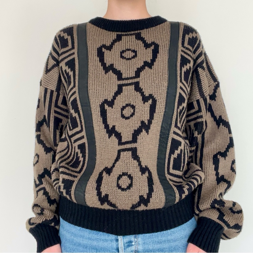 Retro Dark Neutral Geometric Aztec Sweater with Leather Detail